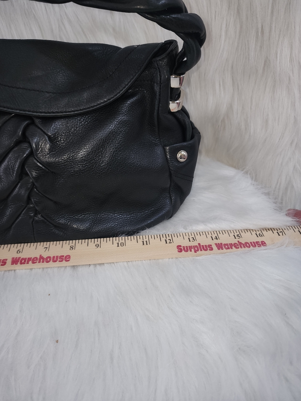 B. Makowsky hobo/shoulder bag, Black Leather, Ruched Front, Braided Strap - Picture 4 of 10